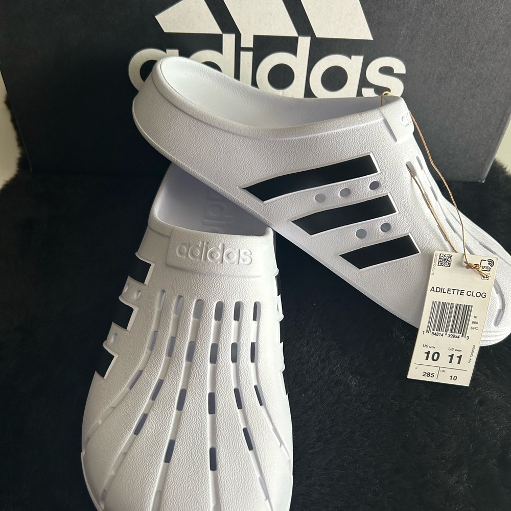 Adidas White and Black Sandals Slip-On Design